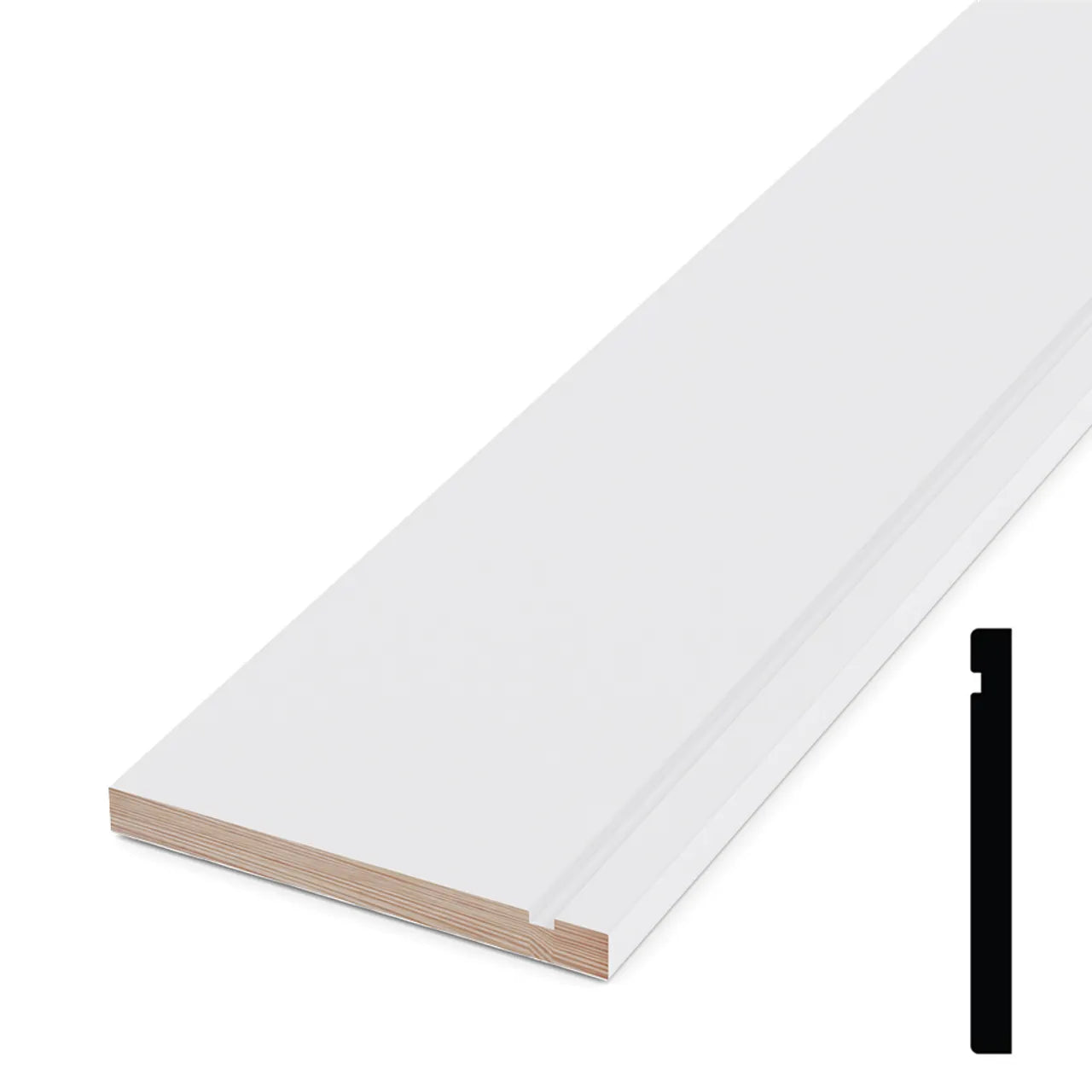 A 1/2 in. x 5 in. x 192 in. Primed Pine Finger Jointed Baseboard by Go Build, The Fastest Way To Build, is shown angled to highlight its grooved edge; an inset diagram depicts its stepped cross-section profile in black.